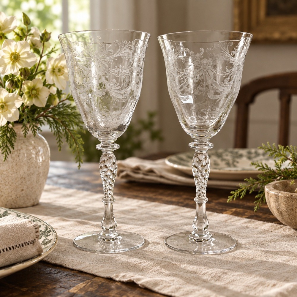 Pair of Etched Glass Goblets, Wedding and Anniversary Toast Glasses Twisted Stem